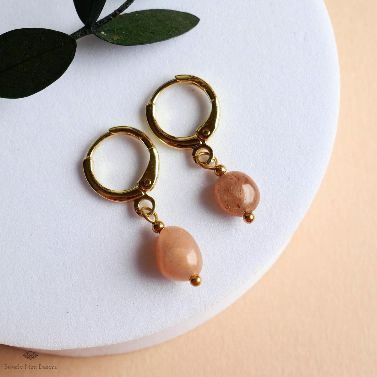 Gold Huggie Hoop Earrings, Sunstone Drop Earrings, Peach Gemstone Jewelry, Dainty Gold Hoops, Minimalist, Sensitive Ear & Clip-On Options