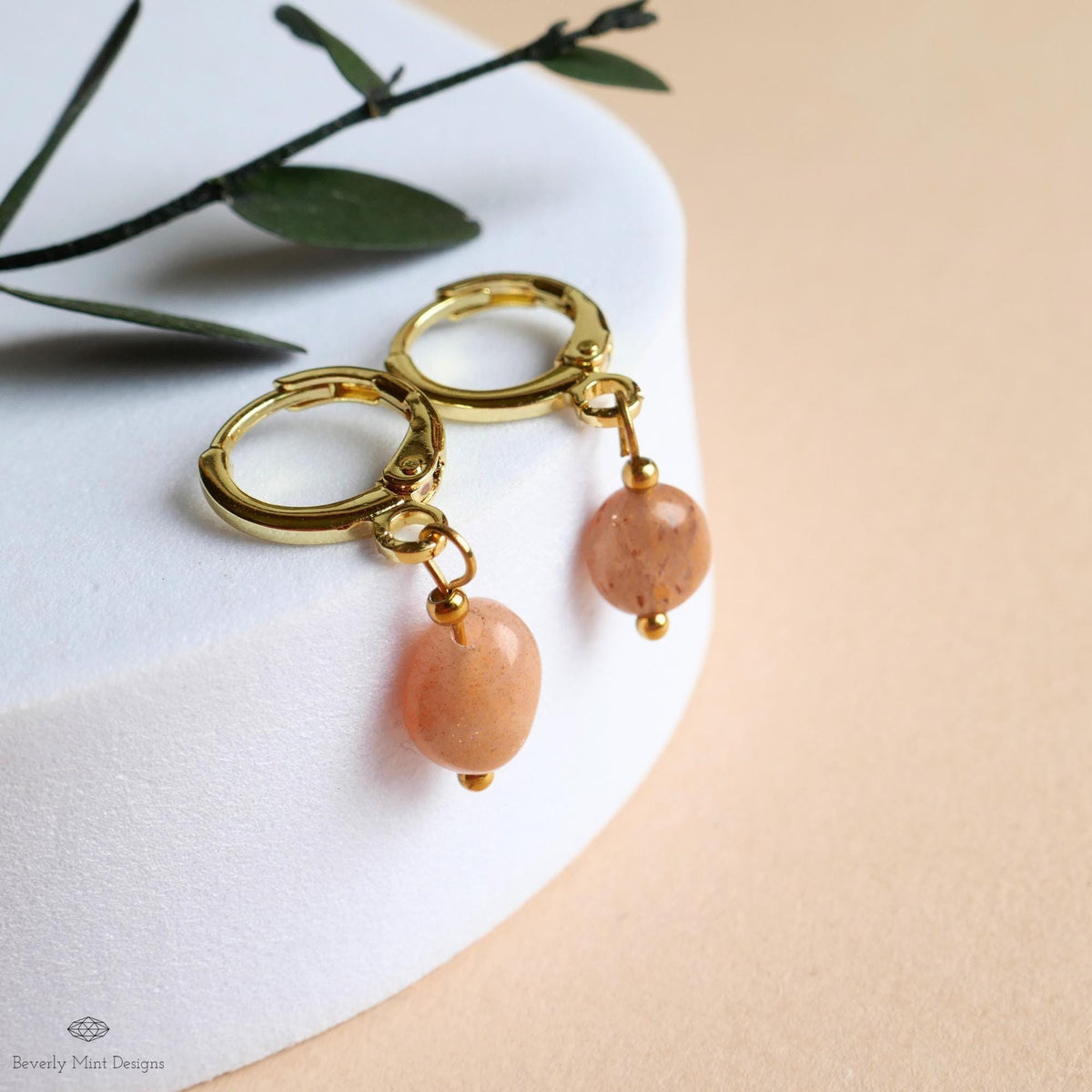 Gold Huggie Hoop Earrings, Sunstone Drop Earrings, Peach Gemstone Jewelry, Dainty Gold Hoops, Minimalist, Sensitive Ear & Clip-On Options