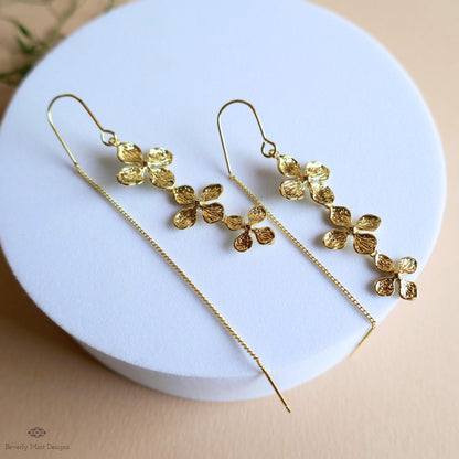 Gold Flower Threader Earrings, Long Dangle Earrings, Delicate Floral Jewelry, Lightweight Drop Earrings, Sensitive Ear & Clip-On Options