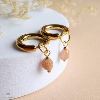 Chunky Huggie Hoop Earrings, Sunstone Drop Earrings, Peach Gemstone Jewelry, Dainty Gold Hoops, Minimalist