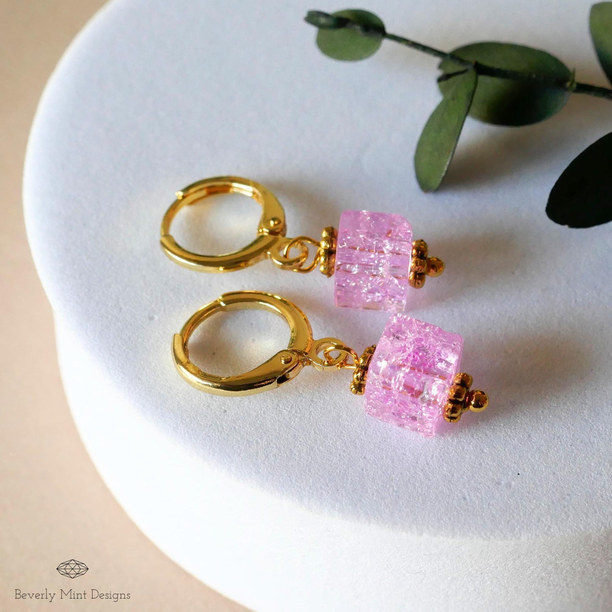 Gold Hoop Earrings, Pink Cubic Bead Earrings, Dangle Earrings, Minimalist Earrings, Light Weight, Sensitive Ear & Clip-On Options