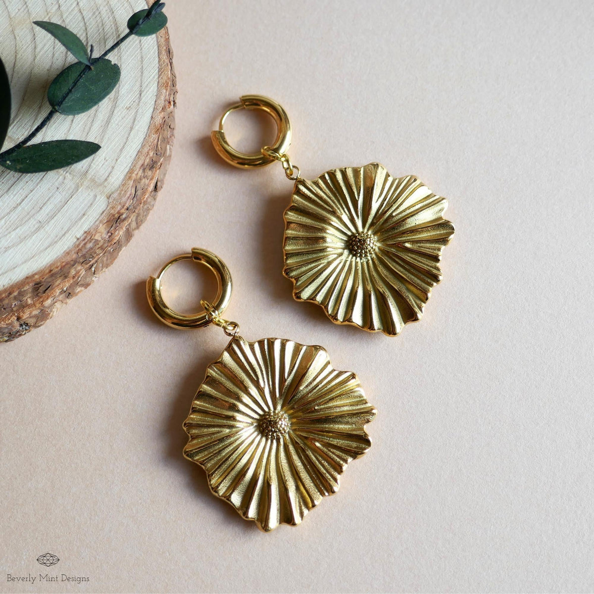 Gold Flower Statement Hoop Earrings, Elegant Weighty Floral Huggie Earrings, Bold Dangle Earrings with Heft,  Nature Inspired Jewelry