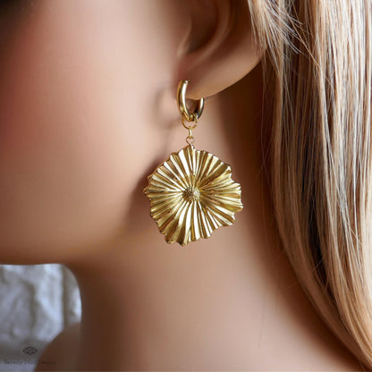 Gold Flower Statement Hoop Earrings, Elegant Weighty Floral Huggie Earrings, Bold Dangle Earrings with Heft,  Nature Inspired Jewelry