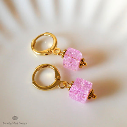 Gold Hoop Earrings, Pink Cubic Bead Earrings, Dangle Earrings, Minimalist Earrings, Light Weight, Sensitive Ear & Clip-On Options