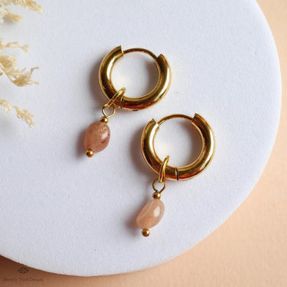 Chunky Huggie Hoop Earrings, Sunstone Drop Earrings, Peach Gemstone Jewelry, Dainty Gold Hoops, Minimalist