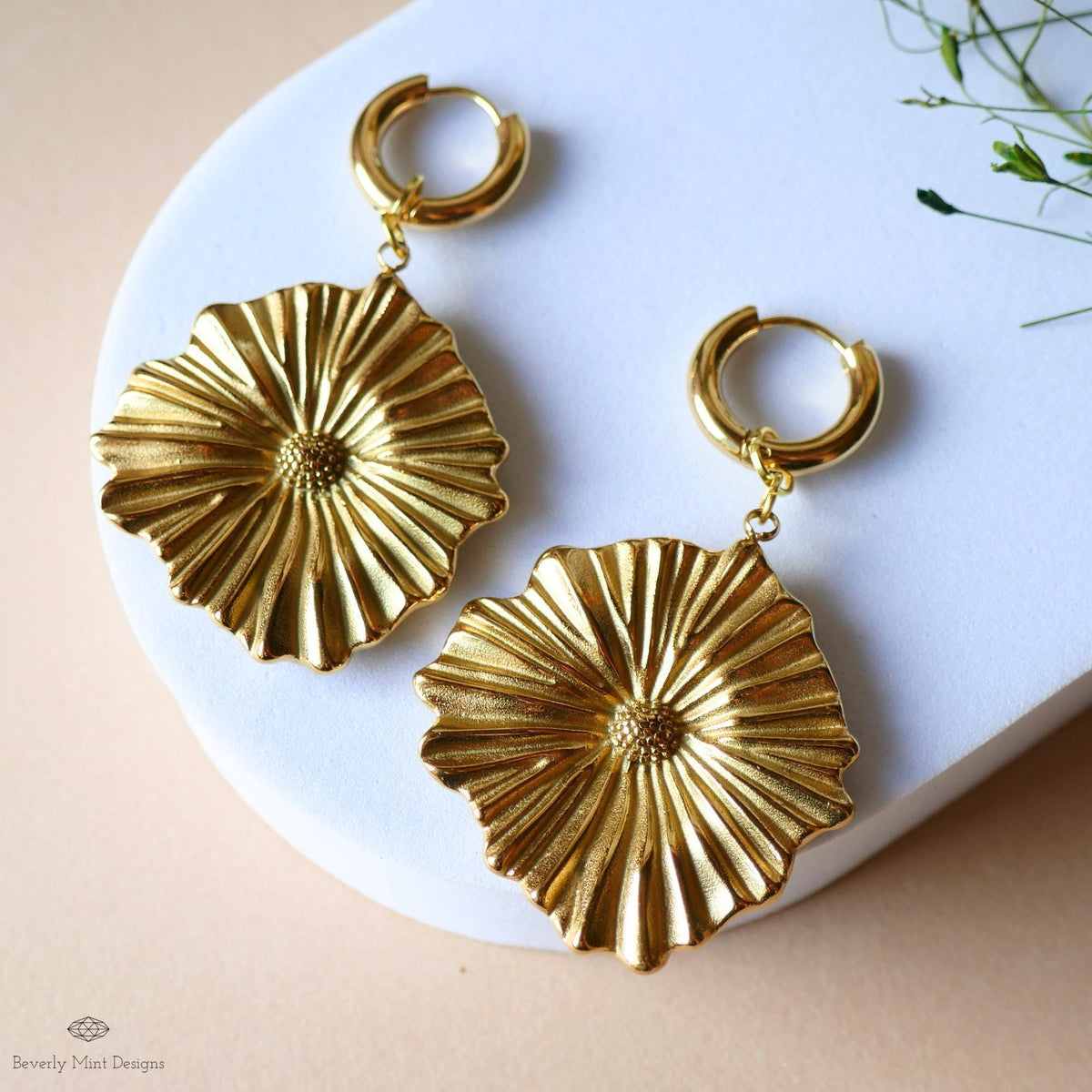 Gold Flower Statement Hoop Earrings, Elegant Weighty Floral Huggie Earrings, Bold Dangle Earrings with Heft,  Nature Inspired Jewelry