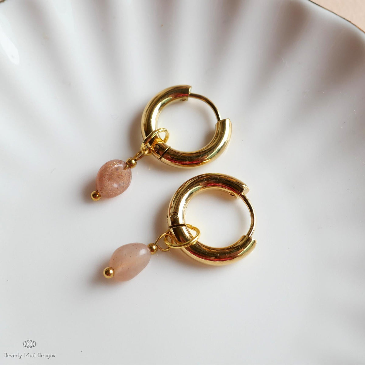 Chunky Huggie Hoop Earrings, Sunstone Drop Earrings, Peach Gemstone Jewelry, Dainty Gold Hoops, Minimalist