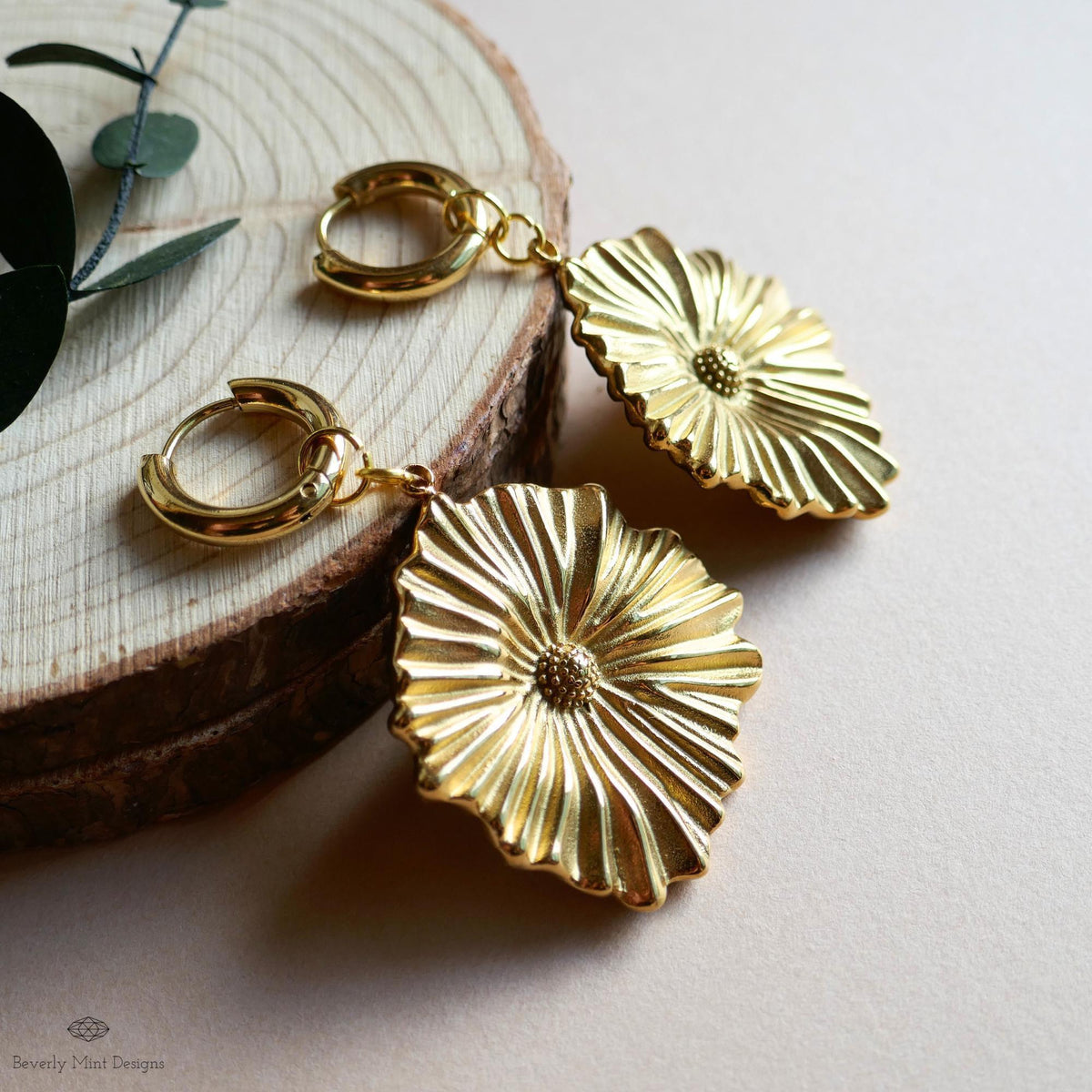 Gold Flower Statement Hoop Earrings, Elegant Weighty Floral Huggie Earrings, Bold Dangle Earrings with Heft,  Nature Inspired Jewelry