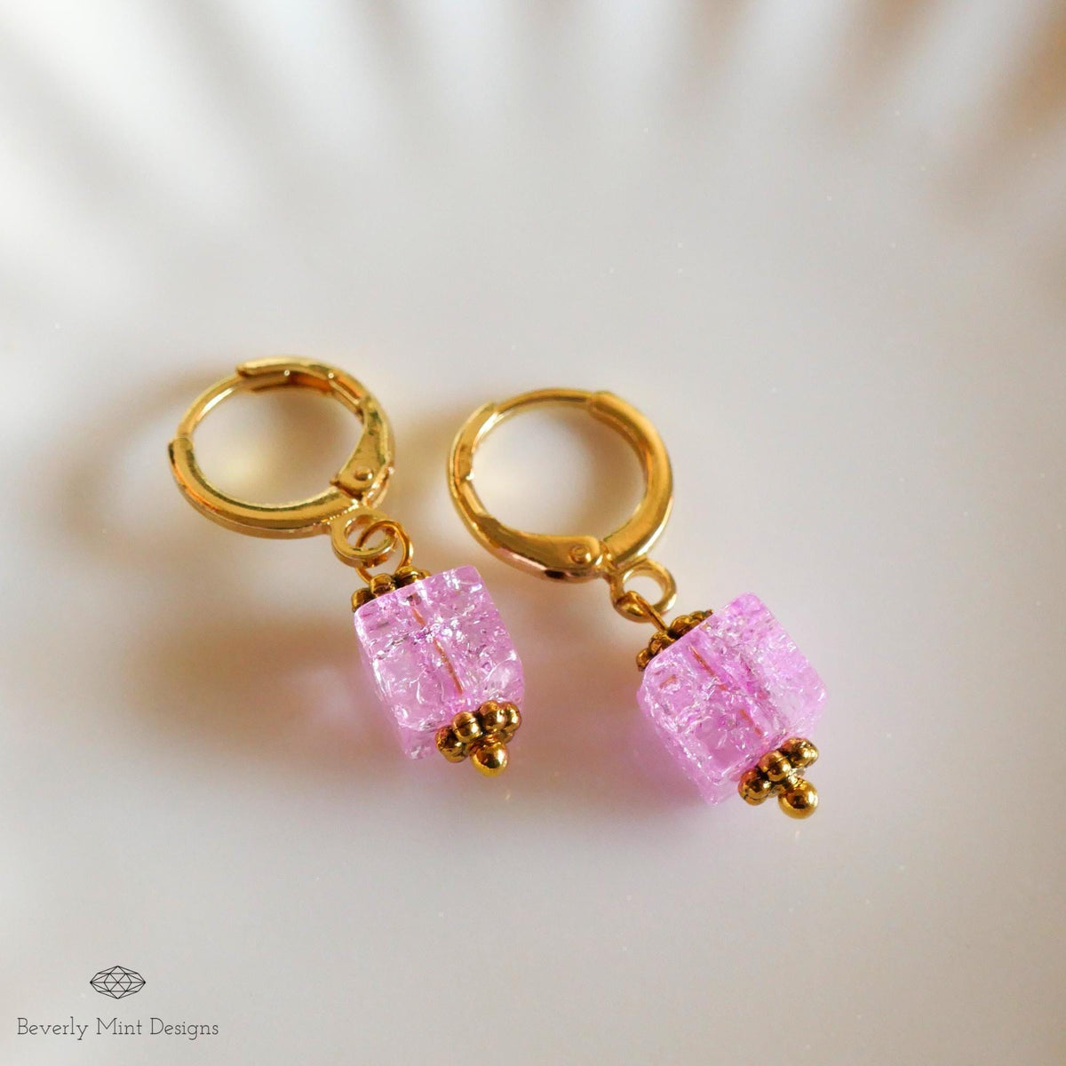 Gold Hoop Earrings, Pink Cubic Bead Earrings, Dangle Earrings, Minimalist Earrings, Light Weight, Sensitive Ear & Clip-On Options