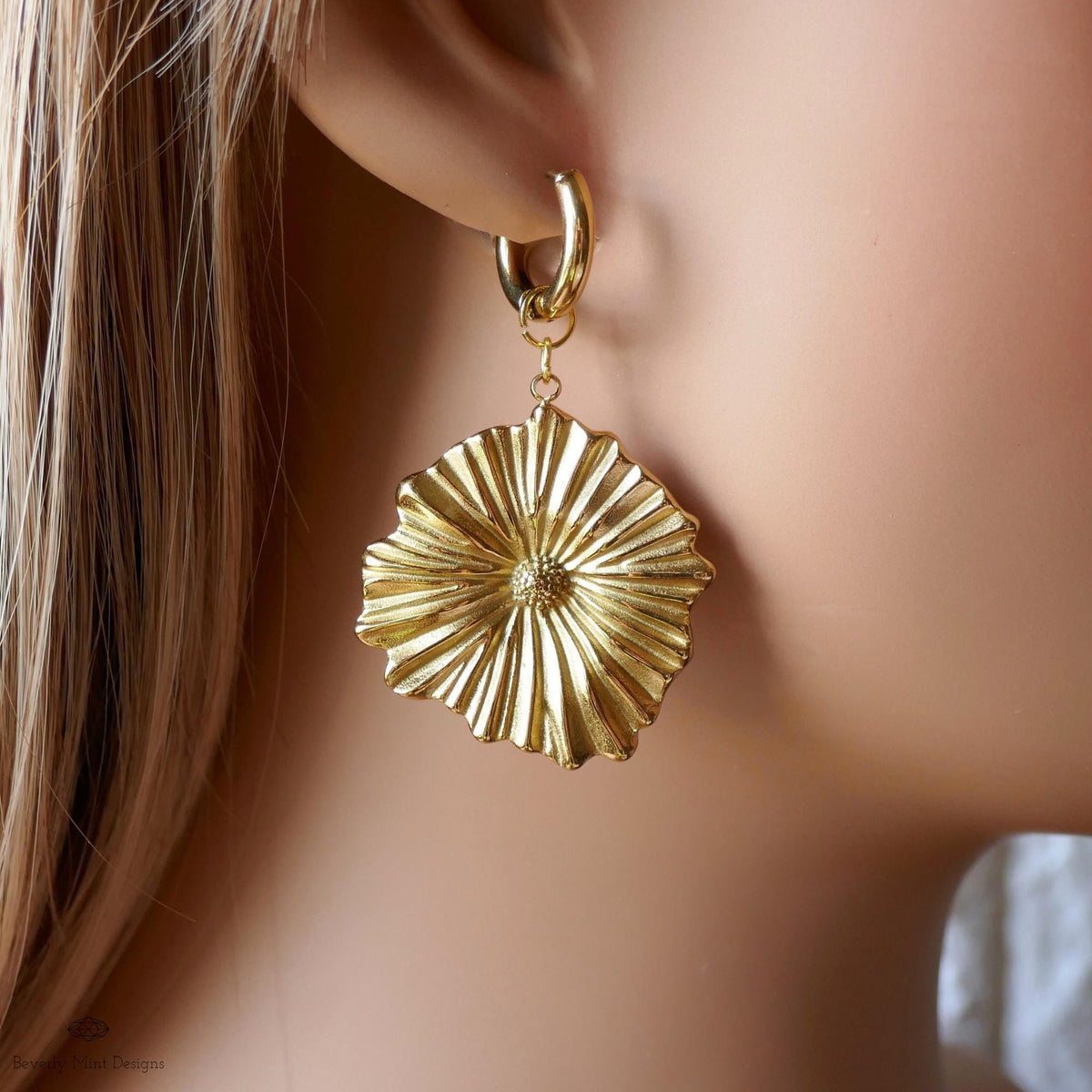 Gold Flower Statement Hoop Earrings, Elegant Weighty Floral Huggie Earrings, Bold Dangle Earrings with Heft,  Nature Inspired Jewelry