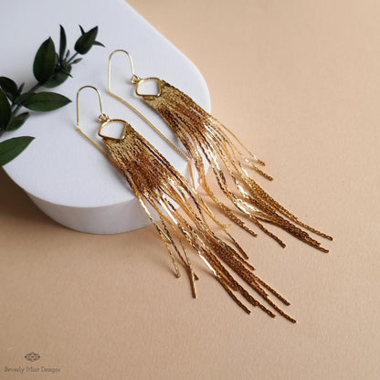 Gold Fringe Earrings Long Tassel Dangle Earrings Statement Chain Earrings Modern Glam Jewelry, Sensitive Ear & Clip-On Options
