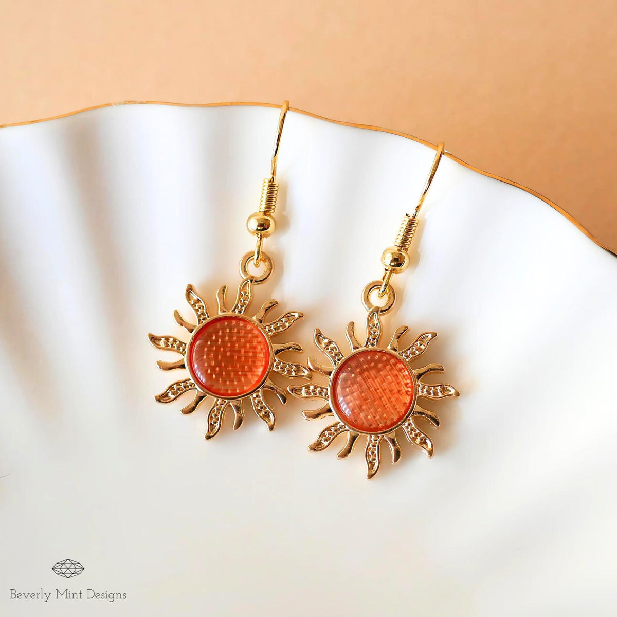 Sun Earrings, 18K Gold Boho Sun Earrings, Orange Earrings, Bohemian Style Earrings, Gold Sunburst Earrings, Sensitive Ear & Clip-On Options