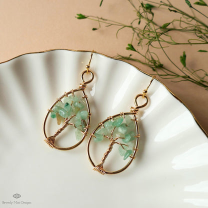 Tree of Life Earrings Gold Wire Wrapped Aventurine Natural Stone Dangle Jewelry, Sensitive Ear & Clip-On Options