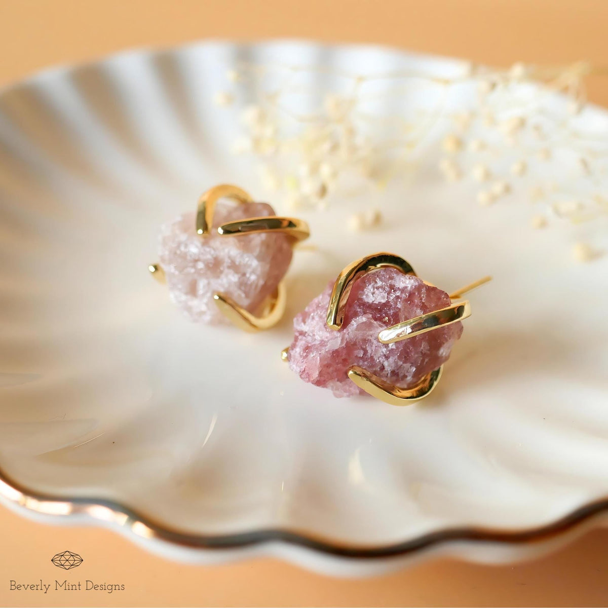 Strawberry Quartz Stud Earrings with 18K Gold, Purple Earrings,  1/2 -3/4 inches, Natural Raw Stone, Chakra Stones