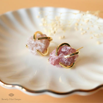 Strawberry Quartz Stud Earrings with 18K Gold, Purple Earrings,  1/2 -3/4 inches, Natural Raw Stone, Chakra Stones