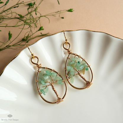 Tree of Life Earrings Gold Wire Wrapped Aventurine Natural Stone Dangle Jewelry, Sensitive Ear & Clip-On Options