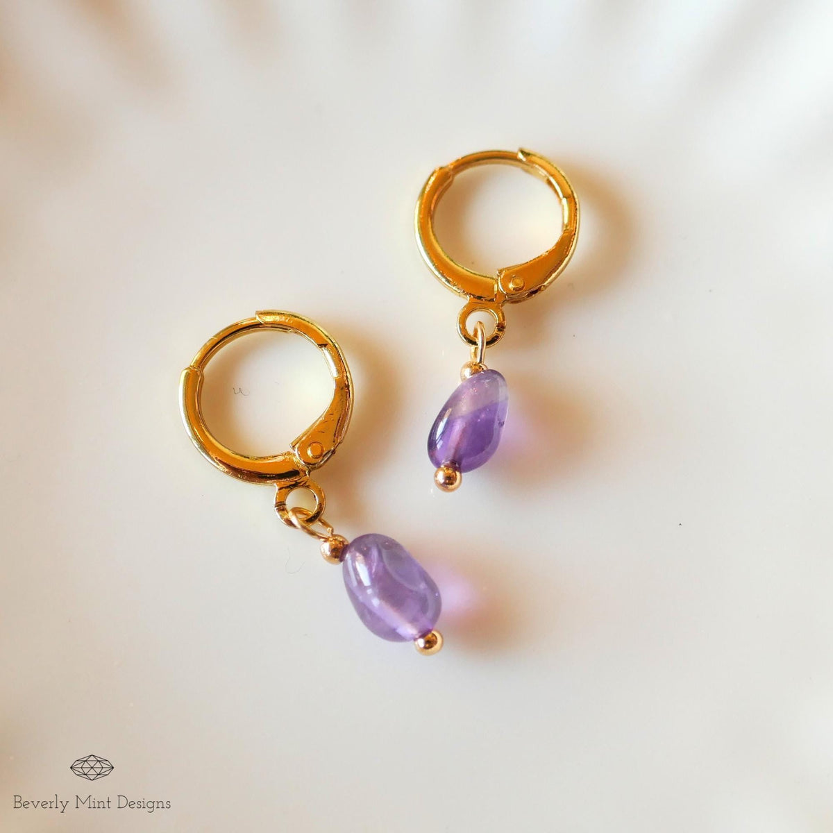 Delicate Gold Hoop Earrings with Amethyst Drops, Minimalist Birthstone Jewelry, Handmade February, Sensitive Ear & Clip-On Options