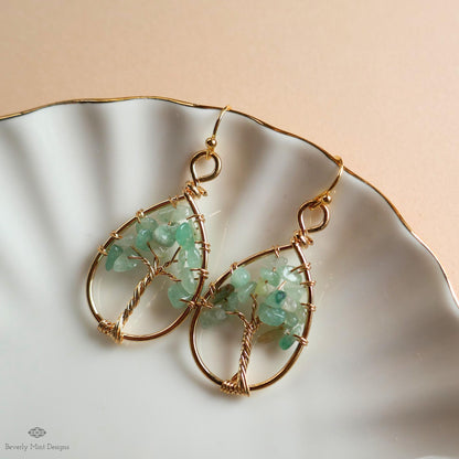 Tree of Life Earrings Gold Wire Wrapped Aventurine Natural Stone Dangle Jewelry, Sensitive Ear & Clip-On Options