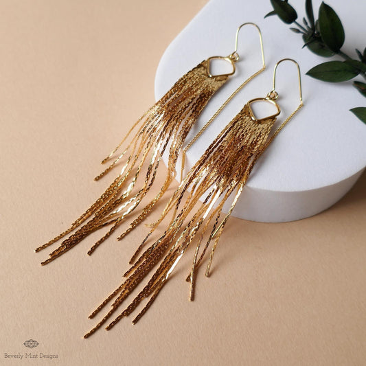 Gold Fringe Earrings Long Tassel Dangle Earrings Statement Chain Earrings Modern Glam Jewelry, Sensitive Ear & Clip-On Options