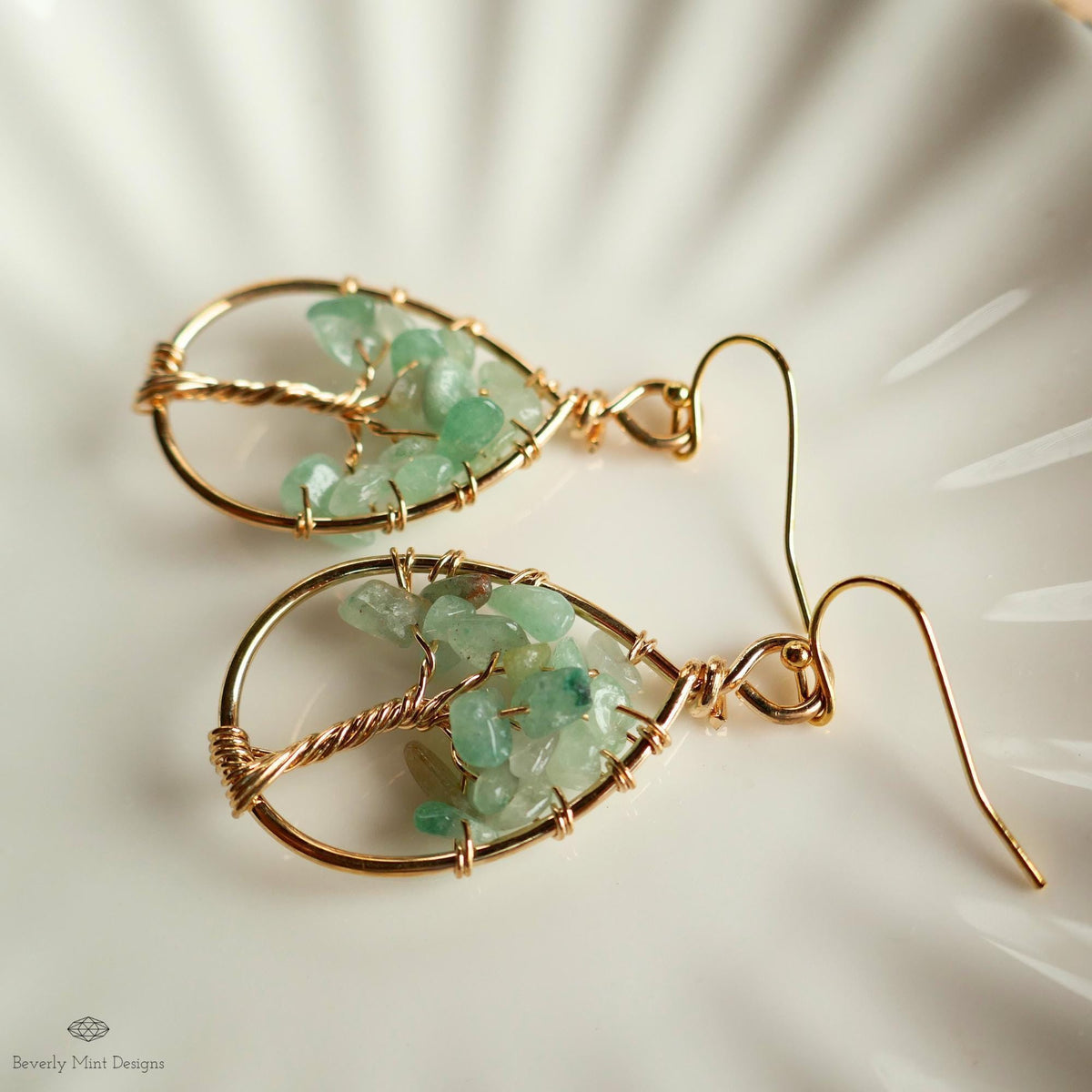 Tree of Life Earrings Gold Wire Wrapped Aventurine Natural Stone Dangle Jewelry, Sensitive Ear & Clip-On Options