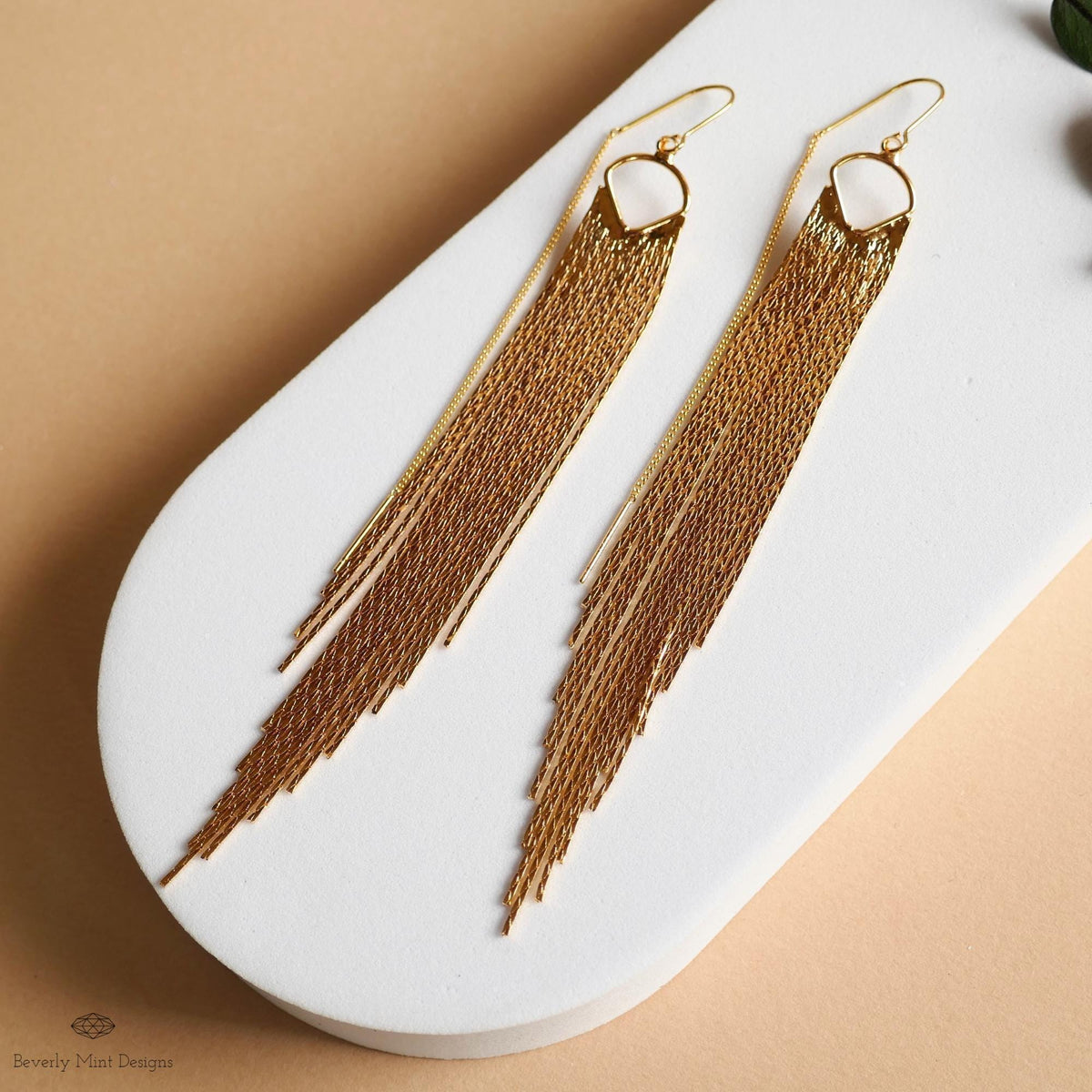 Gold Fringe Earrings Long Tassel Dangle Earrings Statement Chain Earrings Modern Glam Jewelry, Sensitive Ear & Clip-On Options
