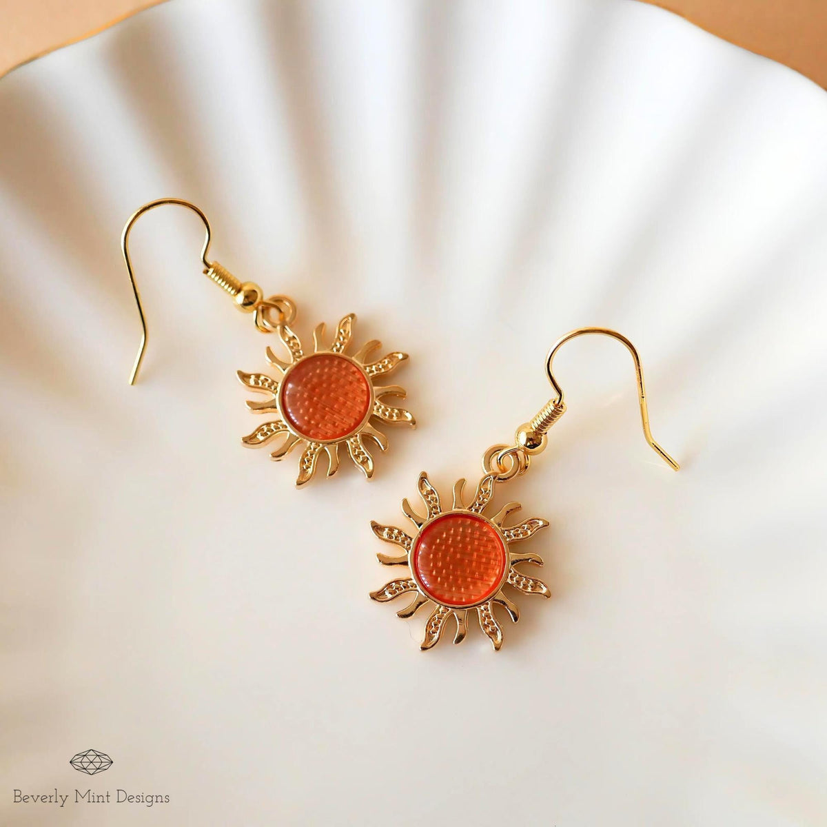 Sun Earrings, 18K Gold Boho Sun Earrings, Orange Earrings, Bohemian Style Earrings, Gold Sunburst Earrings, Sensitive Ear & Clip-On Options