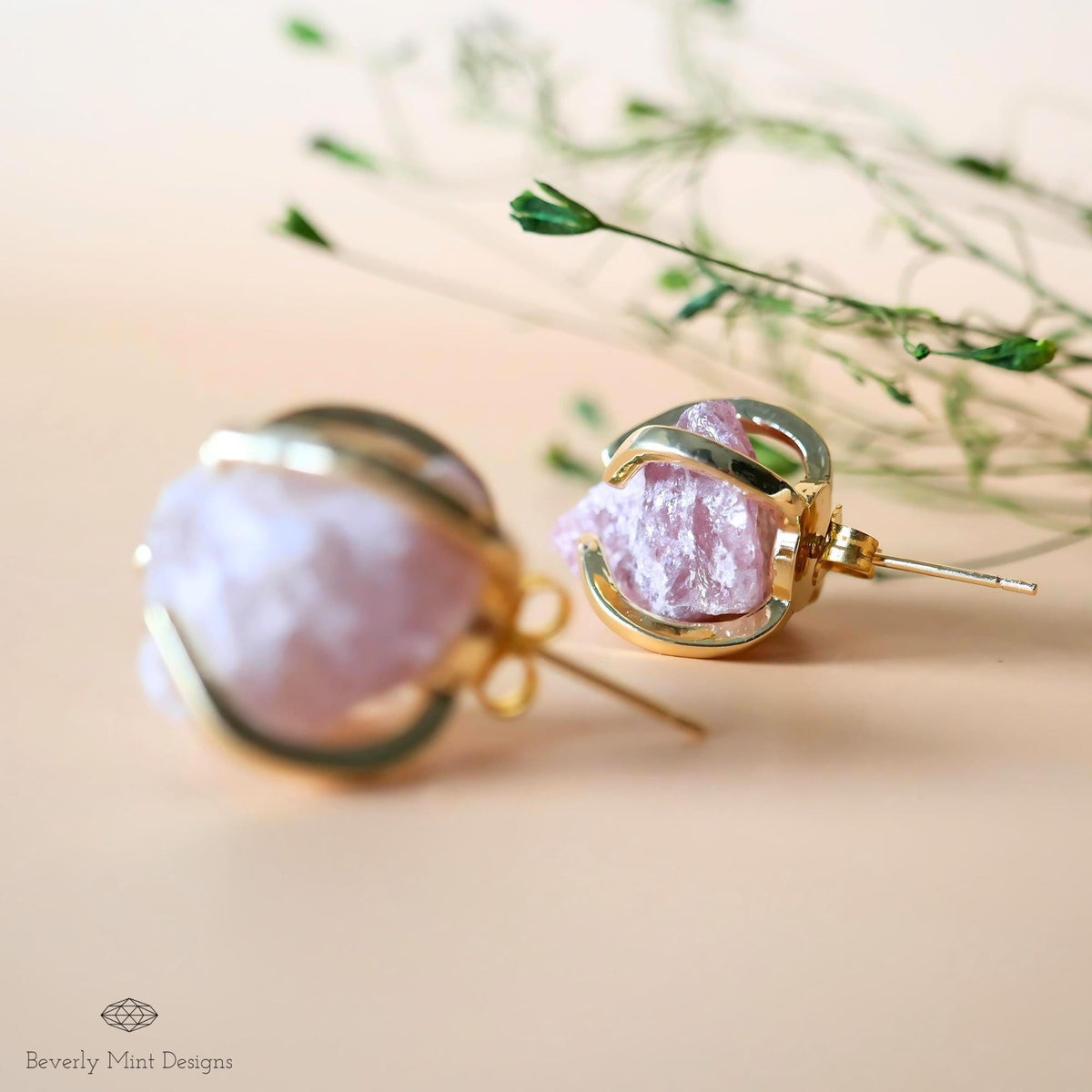 Strawberry Quartz Stud Earrings with 18K Gold, Purple Earrings,  1/2 -3/4 inches, Natural Raw Stone, Chakra Stones