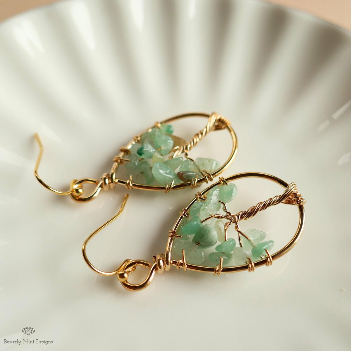Tree of Life Earrings Gold Wire Wrapped Aventurine Natural Stone Dangle Jewelry, Sensitive Ear & Clip-On Options