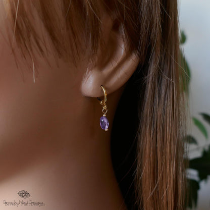 Delicate Gold Hoop Earrings with Amethyst Drops, Minimalist Birthstone Jewelry, Handmade February, Sensitive Ear & Clip-On Options