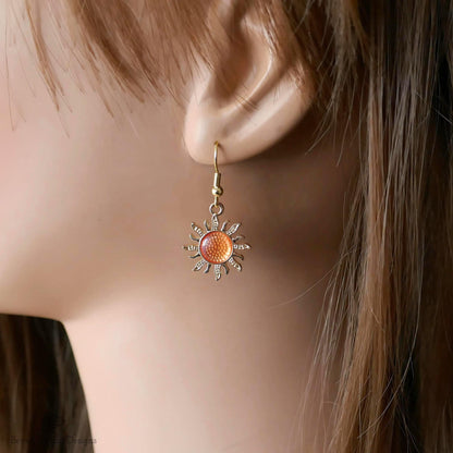 Sun Earrings, 18K Gold Boho Sun Earrings, Orange Earrings, Bohemian Style Earrings, Gold Sunburst Earrings, Sensitive Ear & Clip-On Options