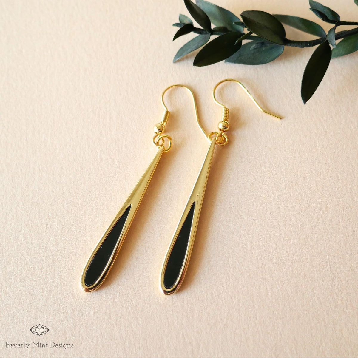 Gold Black Teardrop Dangle Earrings, Minimalist Long Drop Earrings, Elegant Statement Jewelry, Sensitive Ear & Clip-On Options