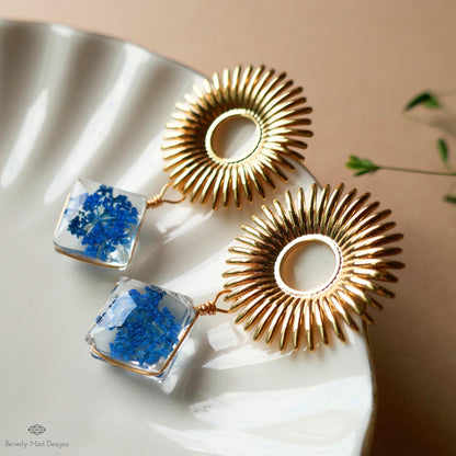 Blue Pressed Flower Glass Earrings , Gold Sunburst Statement Earrings, Real Flower Jewelry, Botanical Dangle Earrings, Nature Inspired