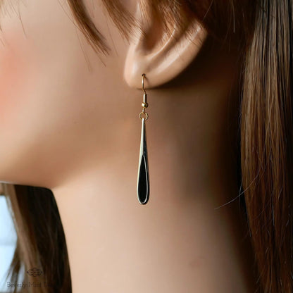 Gold Black Teardrop Dangle Earrings, Minimalist Long Drop Earrings, Elegant Statement Jewelry, Sensitive Ear & Clip-On Options