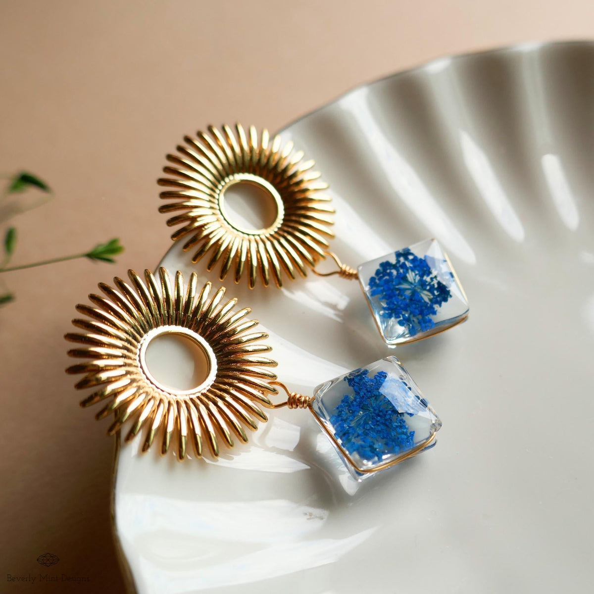 Blue Pressed Flower Glass Earrings , Gold Sunburst Statement Earrings, Real Flower Jewelry, Botanical Dangle Earrings, Nature Inspired