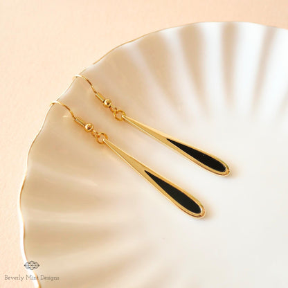 Gold Black Teardrop Dangle Earrings, Minimalist Long Drop Earrings, Elegant Statement Jewelry, Sensitive Ear & Clip-On Options
