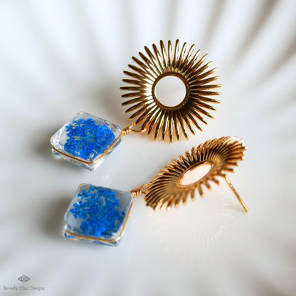 Blue Pressed Flower Glass Earrings , Gold Sunburst Statement Earrings, Real Flower Jewelry, Botanical Dangle Earrings, Nature Inspired