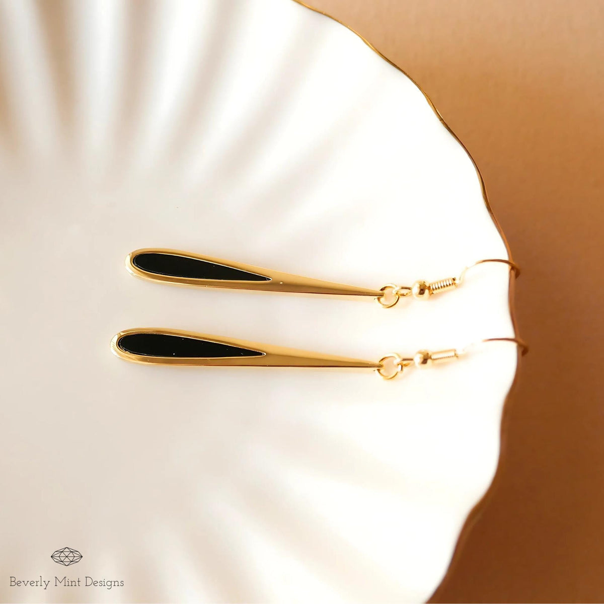 Gold Black Teardrop Dangle Earrings, Minimalist Long Drop Earrings, Elegant Statement Jewelry, Sensitive Ear & Clip-On Options