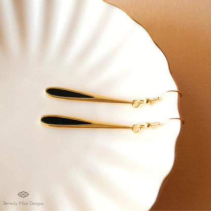 Gold Black Teardrop Dangle Earrings, Minimalist Long Drop Earrings, Elegant Statement Jewelry, Sensitive Ear & Clip-On Options