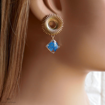 Blue Pressed Flower Glass Earrings , Gold Sunburst Statement Earrings, Real Flower Jewelry, Botanical Dangle Earrings, Nature Inspired
