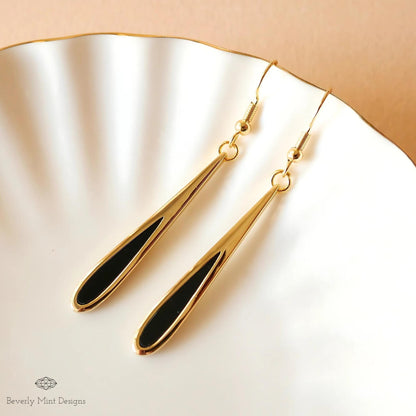 Gold Black Teardrop Dangle Earrings, Minimalist Long Drop Earrings, Elegant Statement Jewelry, Sensitive Ear & Clip-On Options