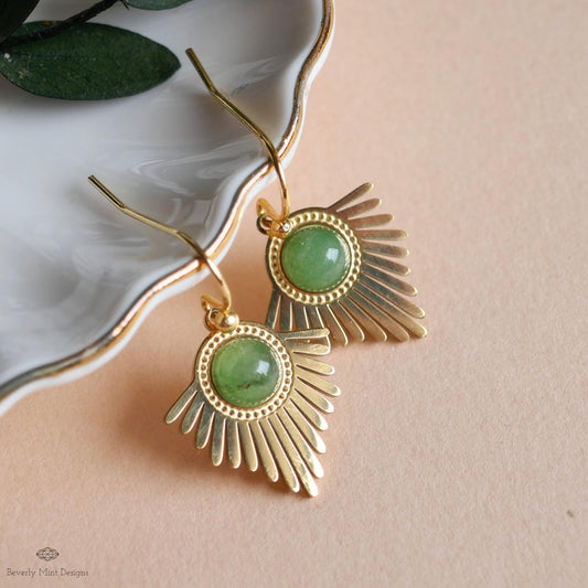 Gold Sunburst Earrings, Boho Statement Dangle Earrings, Green Stone Drop Jewelry, Art Deco Fan Earrings, Sensitive Ear & Clip-On Options