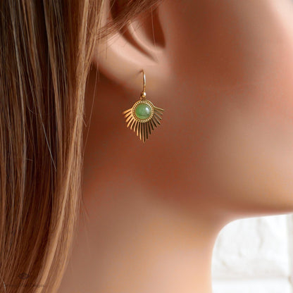 Gold Sunburst Earrings, Boho Statement Dangle Earrings, Green Stone Drop Jewelry, Art Deco Fan Earrings, Sensitive Ear & Clip-On Options