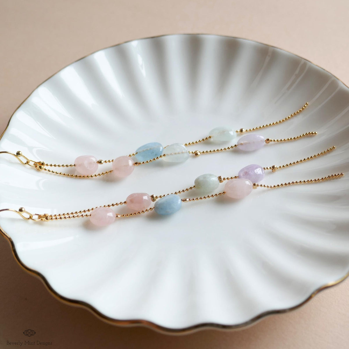 Pastel Stone Earrings Long Dangle Earrings Gold Chain Earrings Boho Beaded Jewelry Statement, Sensitive Ear & Clip-On Options