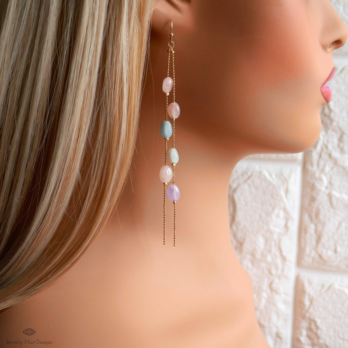 Pastel Stone Earrings Long Dangle Earrings Gold Chain Earrings Boho Beaded Jewelry Statement, Sensitive Ear & Clip-On Options
