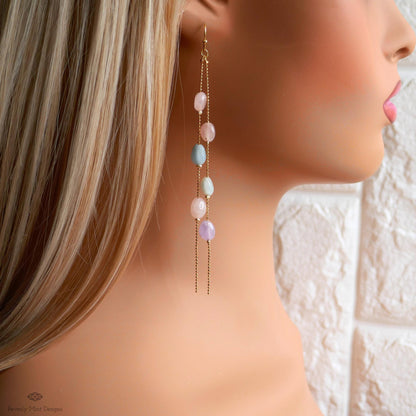Pastel Stone Earrings Long Dangle Earrings Gold Chain Earrings Boho Beaded Jewelry Statement, Sensitive Ear & Clip-On Options