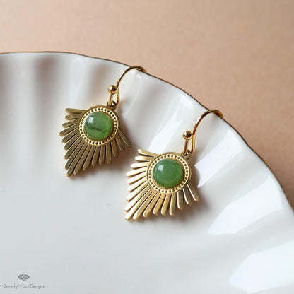 Gold Sunburst Earrings, Boho Statement Dangle Earrings, Green Stone Drop Jewelry, Art Deco Fan Earrings, Sensitive Ear & Clip-On Options