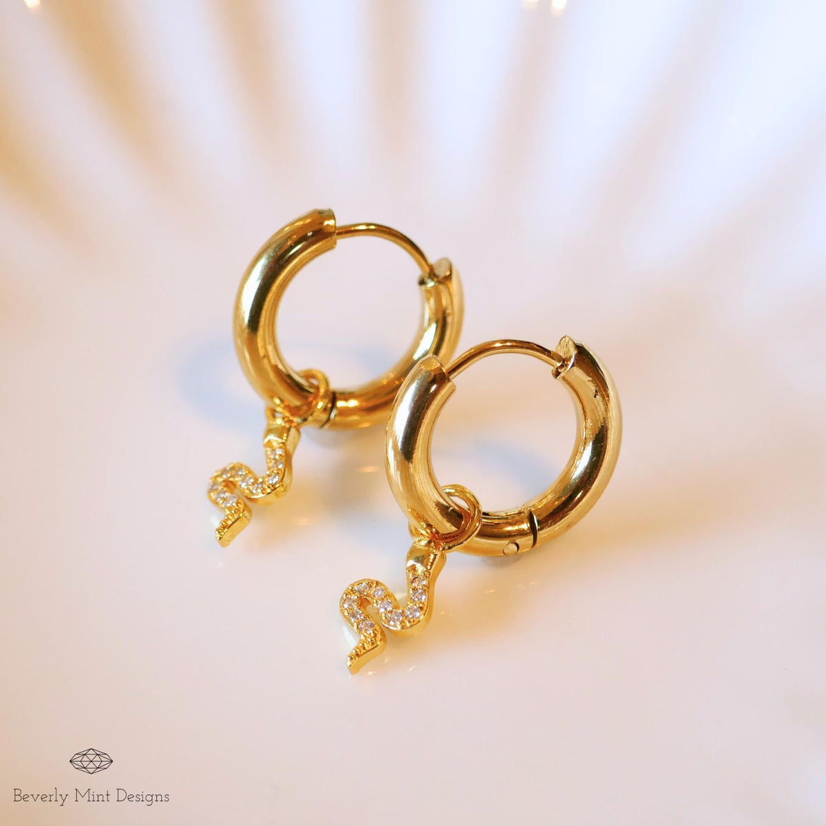 Gold Snake Hoop Earrings, Dainty Serpent Jewelry, Minimalist Dangle Hoops for Women, Sparkly Cubic Zirconia Earrings, Trendy Animal Earrings