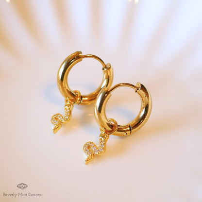 Gold Snake Hoop Earrings, Dainty Serpent Jewelry, Minimalist Dangle Hoops for Women, Sparkly Cubic Zirconia Earrings, Trendy Animal Earrings