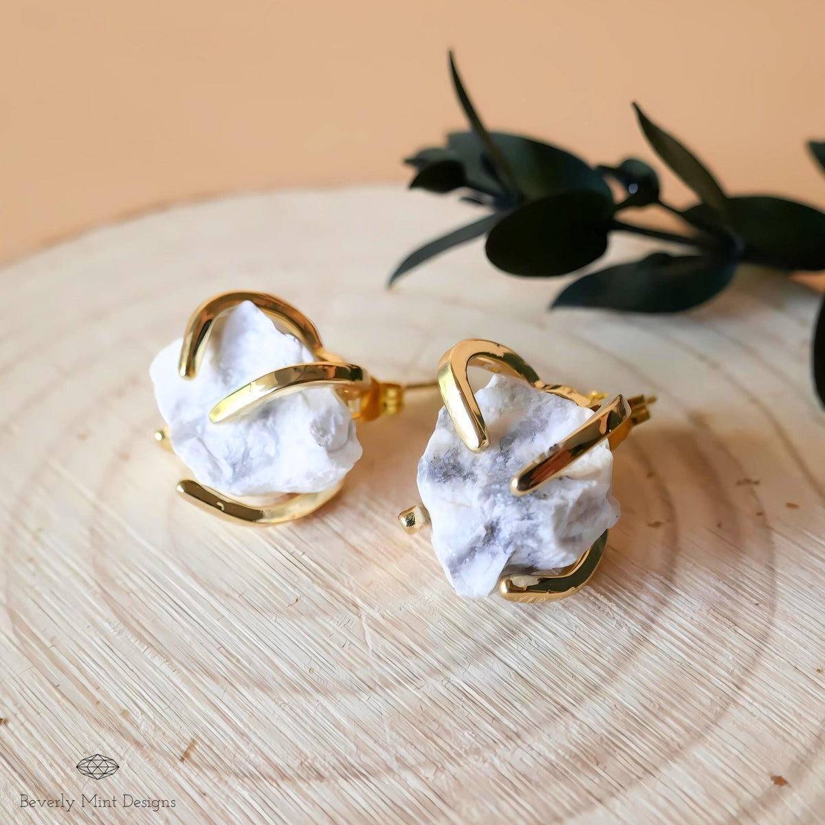 Black White Moonstone Stud Earrings with 18K Gold, White Stone Earrings, 1/2 -3/4 inches, Natural Raw Stone, Chakra Stones