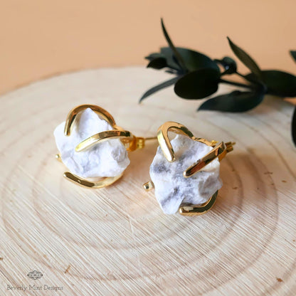 Black White Moonstone Stud Earrings with 18K Gold, White Stone Earrings, 1/2 -3/4 inches, Natural Raw Stone, Chakra Stones